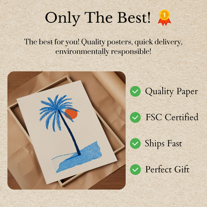 Blue Palm Sunset Surfing Poster