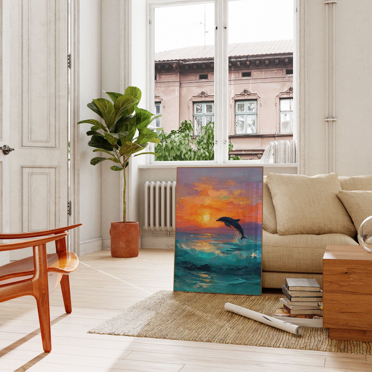 Delfin som hopper ved solnedgang plakat