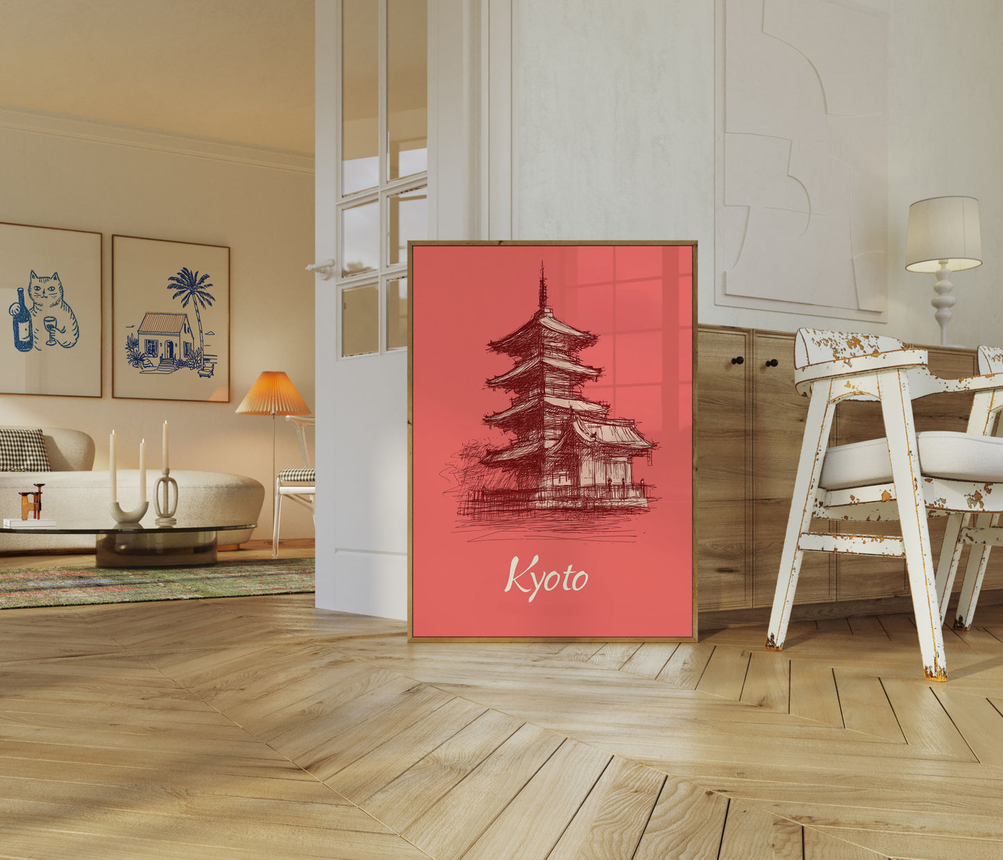 Vintage schets van een Kyoto-tempel poster