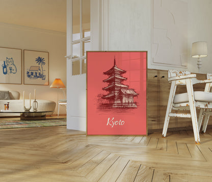 Vintage schets van een Kyoto-tempel poster