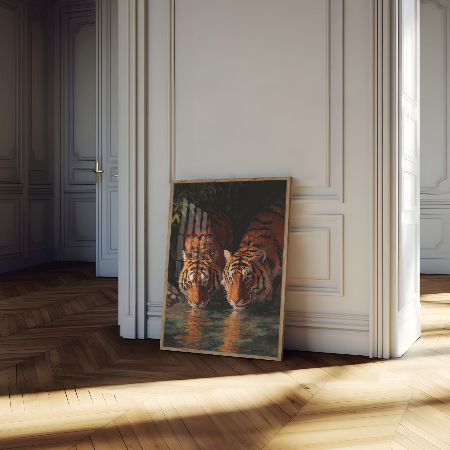 Tigers Drinking at Waterhole Poster