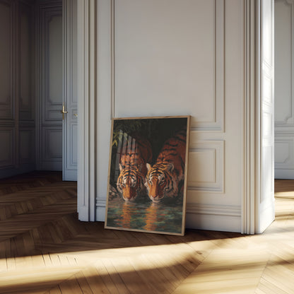 Tigers Drinking at Waterhole Poster