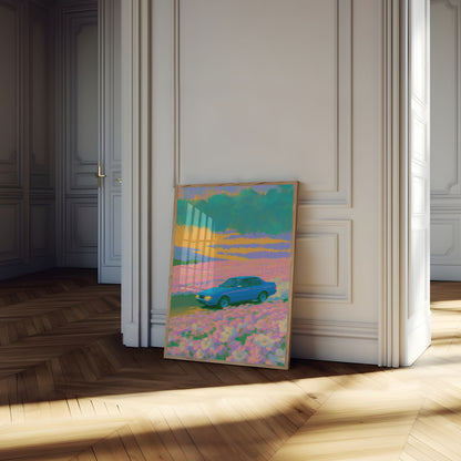 Blue Car Wildflower Field Poster