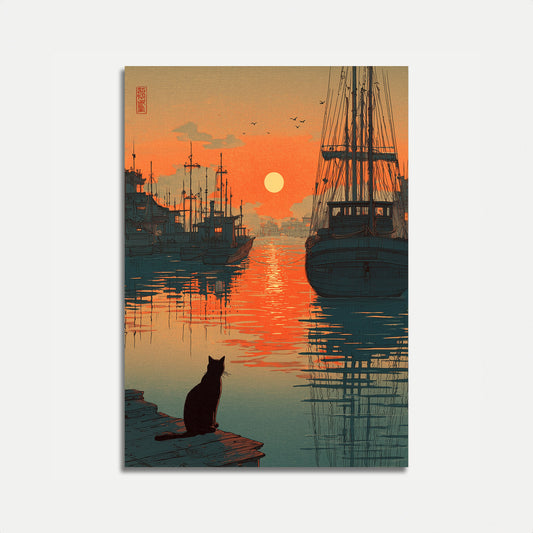 Plakat Kota o Zachodzie Słońca w Porcie