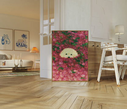 Fluffy Dog in Flower Garden Poster