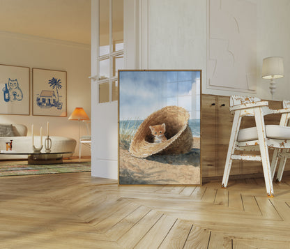 Kitten in Shell by Beach Poster