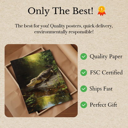 Póster de humedales de caimanes iluminados por el sol