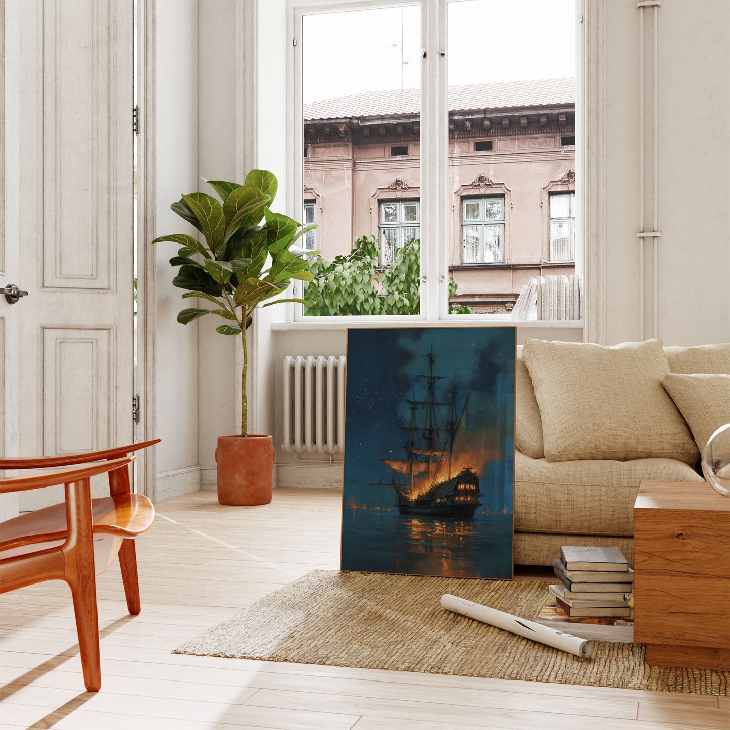 Burning Pirate Ship Night Poster