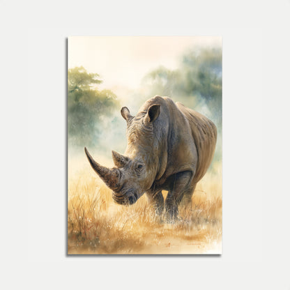 Póster de un majestuoso rinoceronte en la pradera