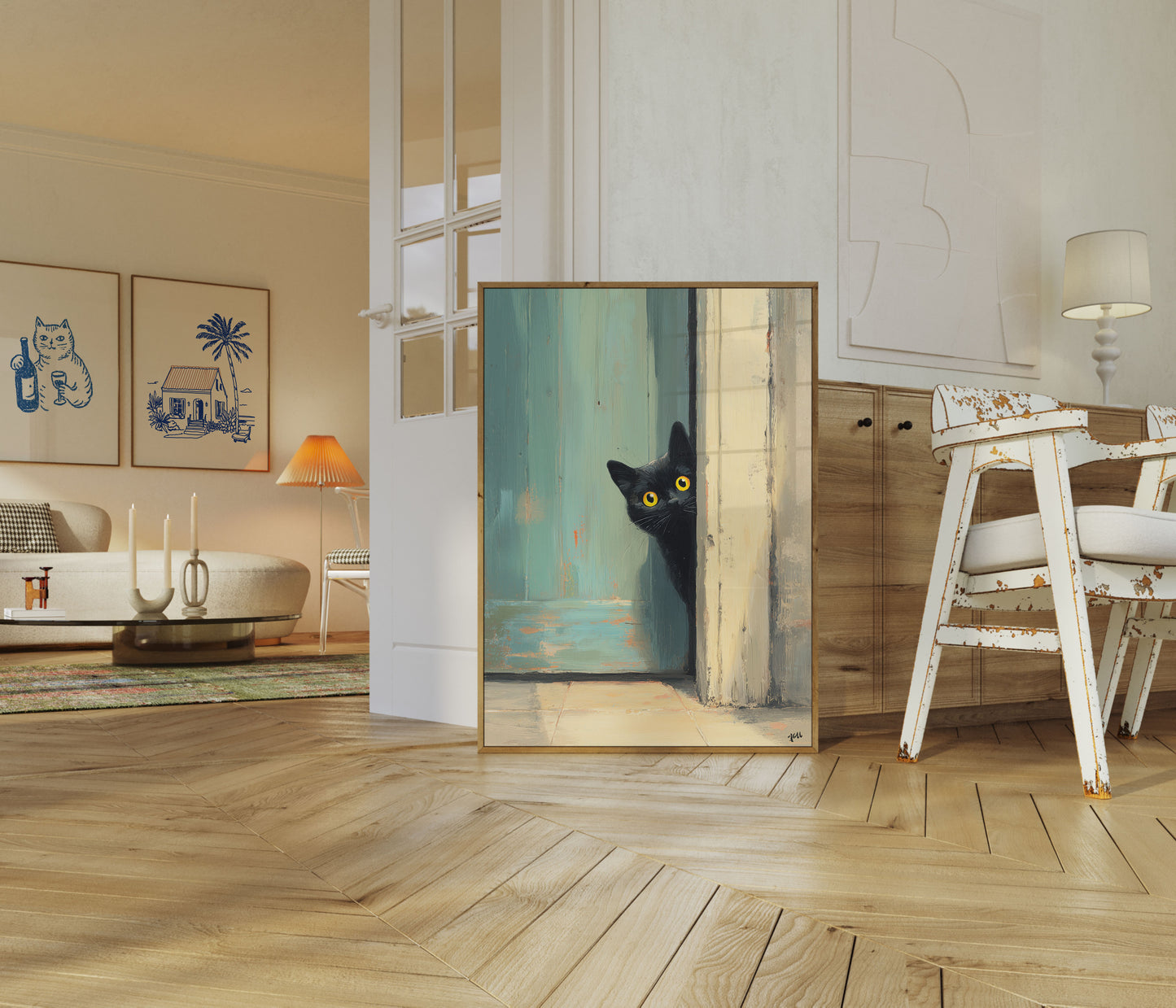 Nyfiken Svart Katt Som Kikar Poster