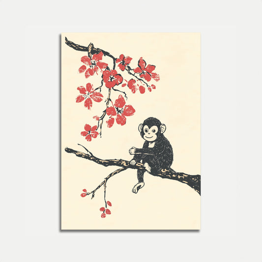 Póster de Mono Juguetón en Árbol en Flor