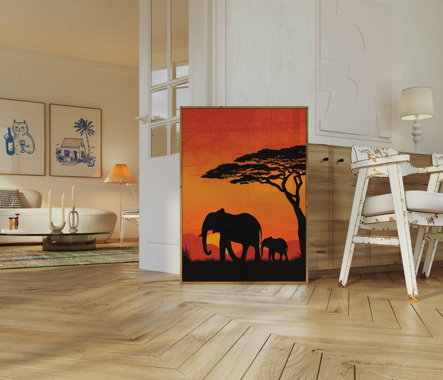 Affiche Coucher de Soleil en Famille d'Éléphants Africains