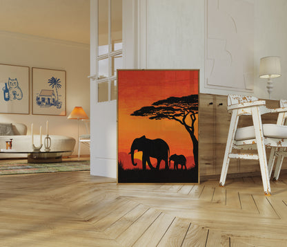 Affiche Coucher de Soleil en Famille d'Éléphants Africains