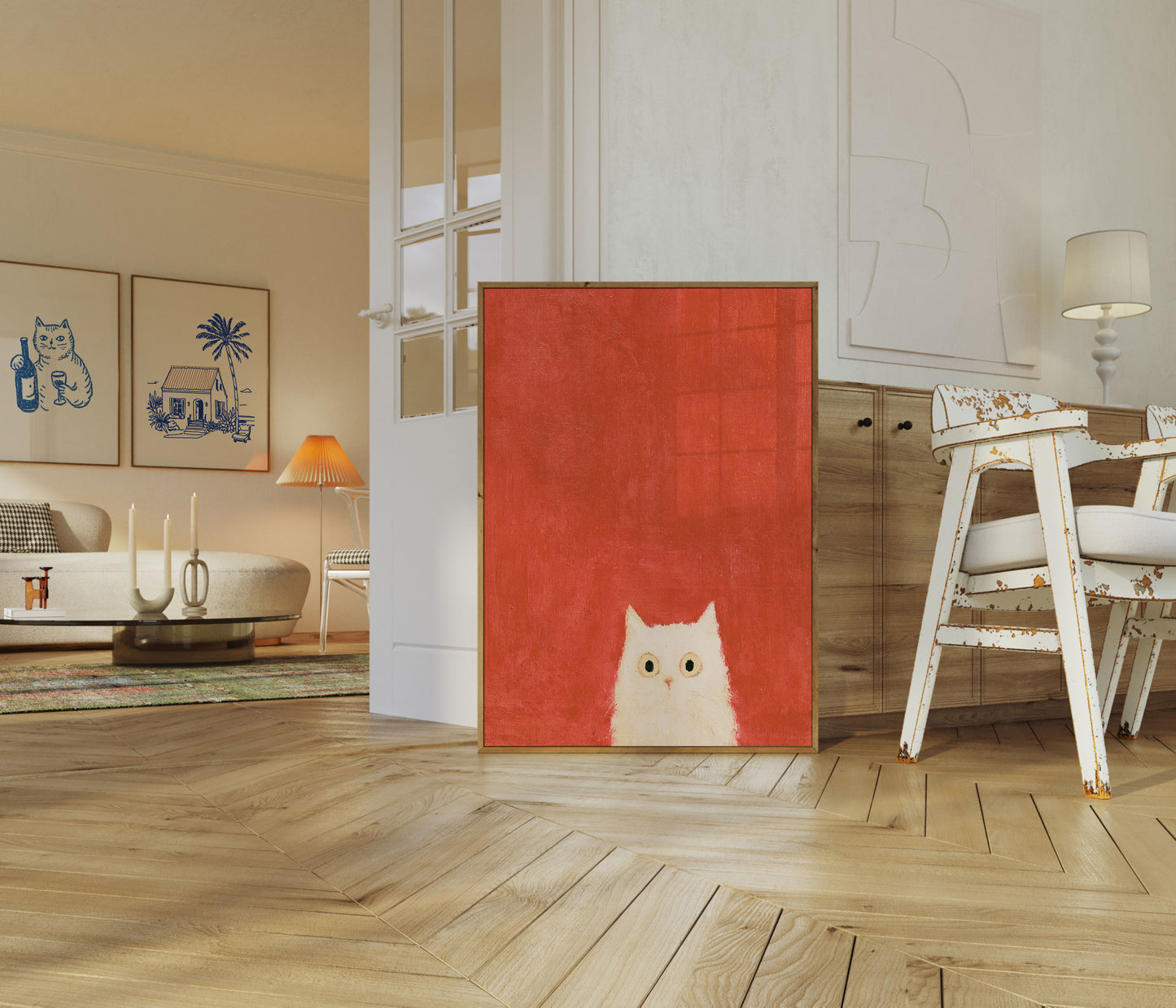 Cartaz Gato Branco Fundo Vermelho