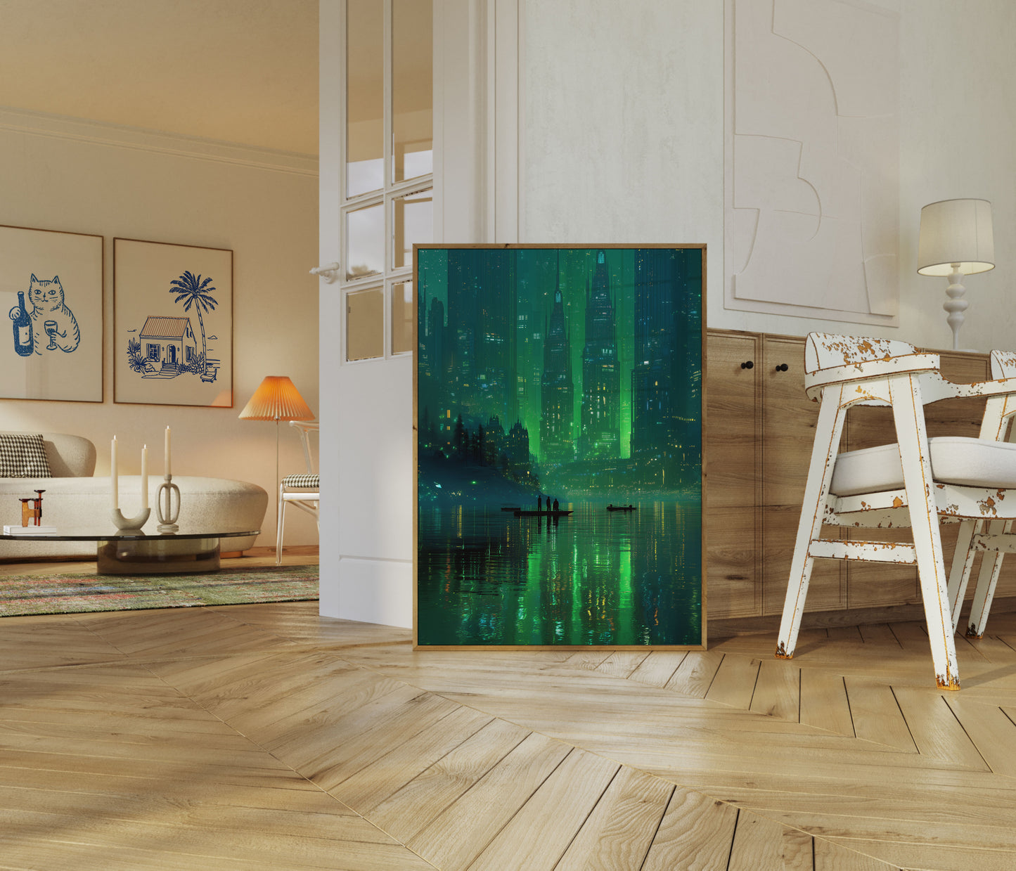 Neon City Lights Reflection Poster