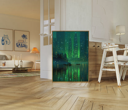 Neon City Lights Reflection Poster