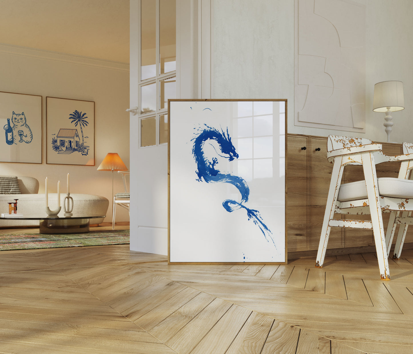 Póster de dragón con pincelada azul