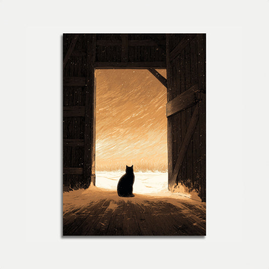 Schwarze Katze Winter Scheune Poster