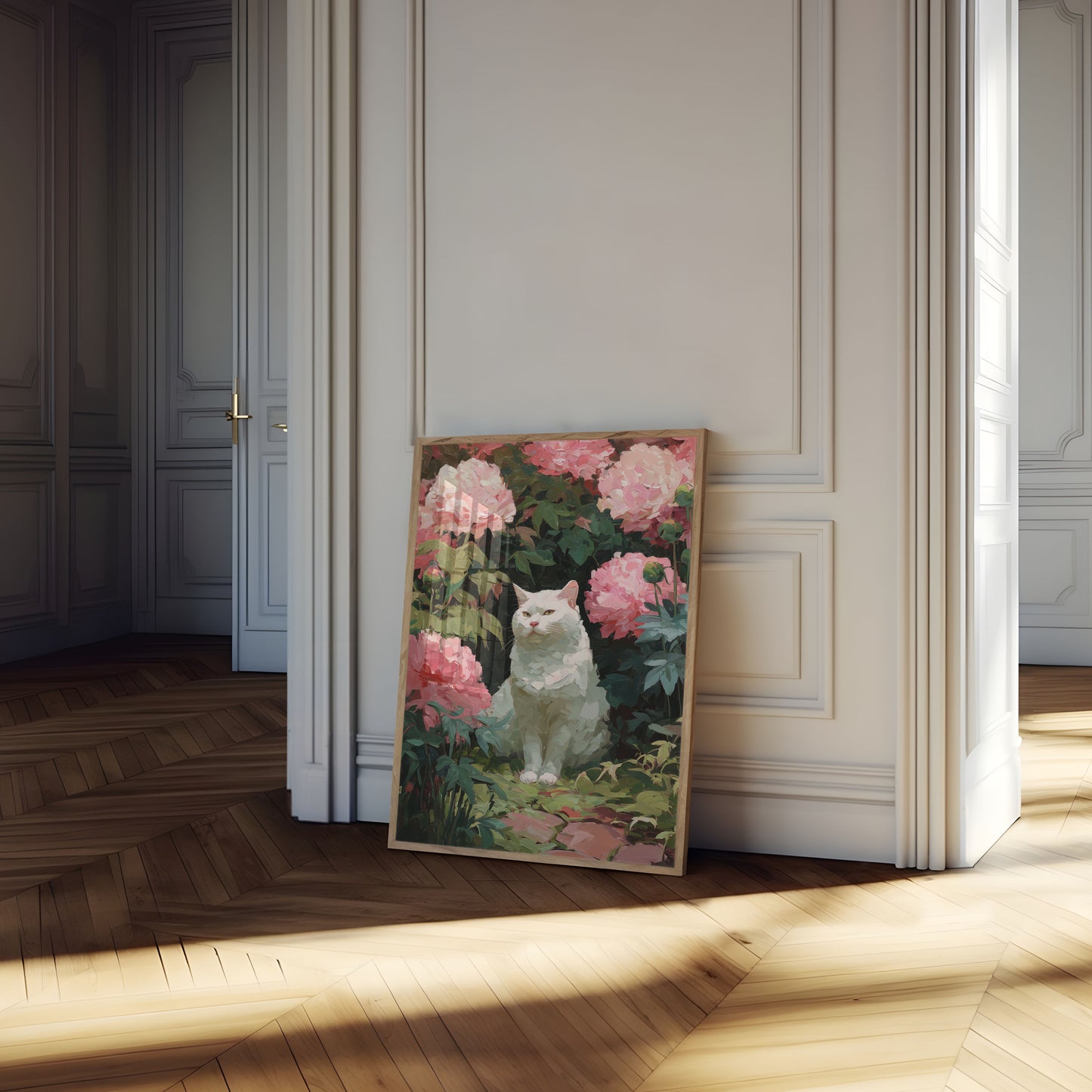Weiße Katze in rosa Pfingstrosen Poster