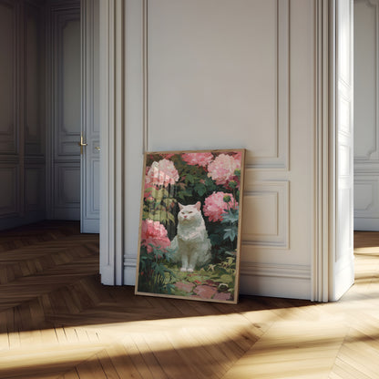 Weiße Katze in rosa Pfingstrosen Poster