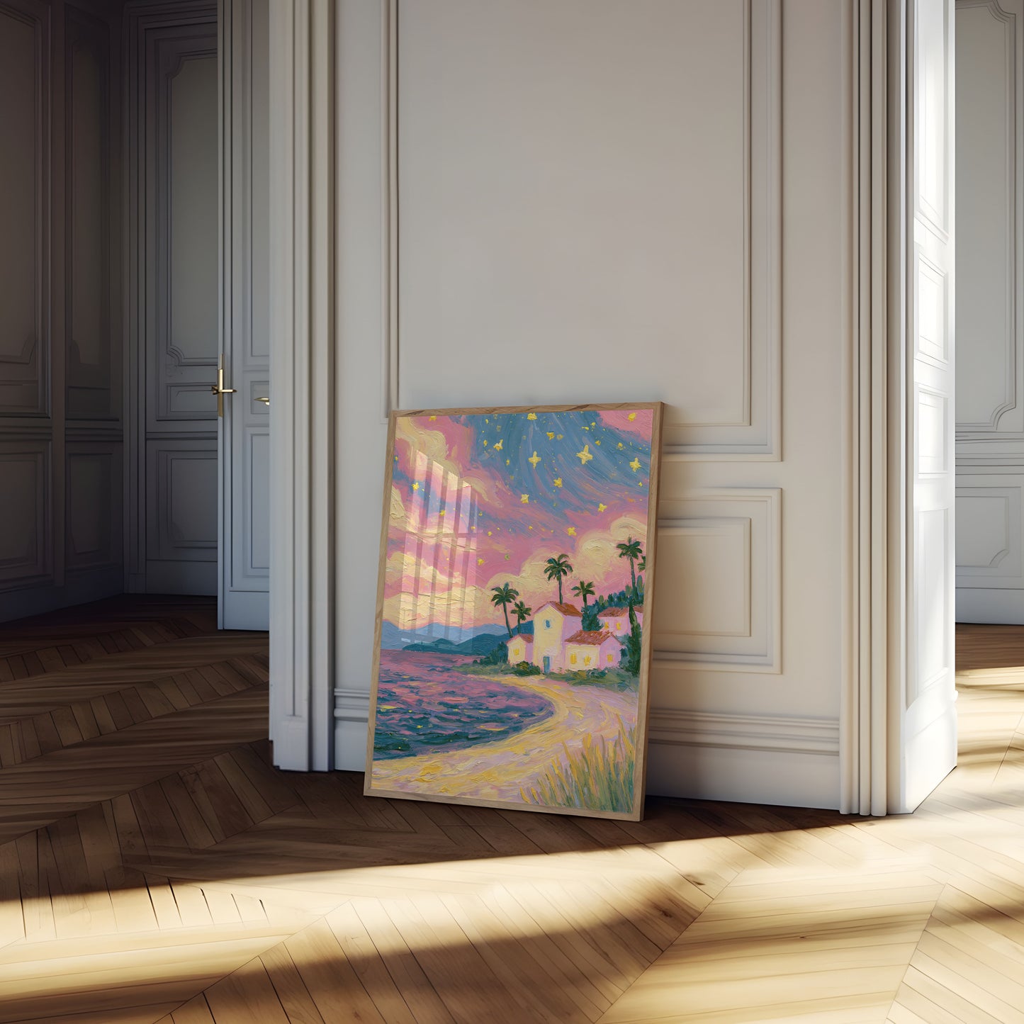 Starry Coastal Villa Sunset Poster