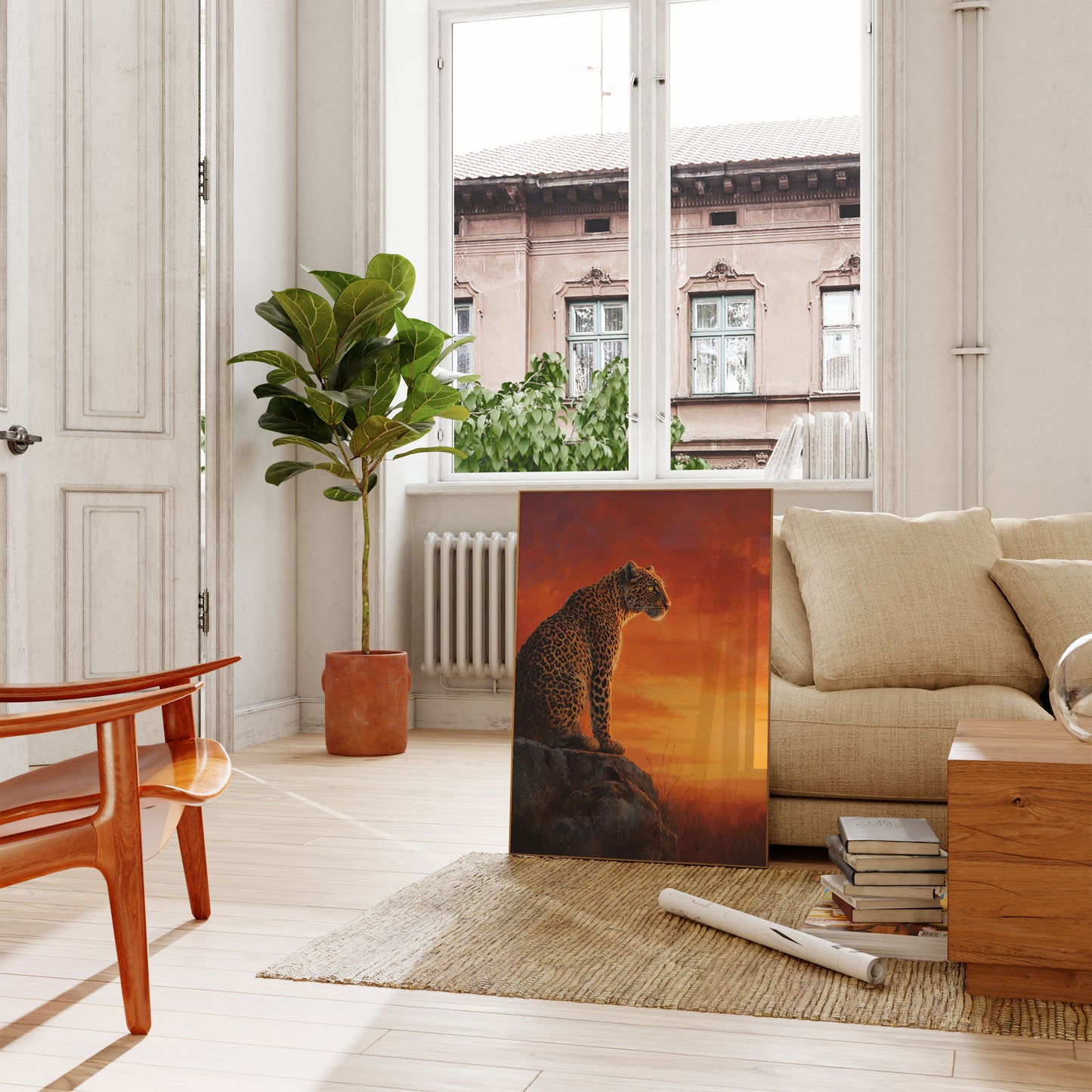 Luipaard op Steen bij Zonsondergang Poster