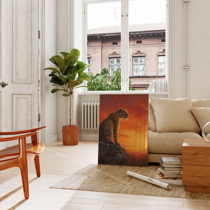 Luipaard op Steen bij Zonsondergang Poster