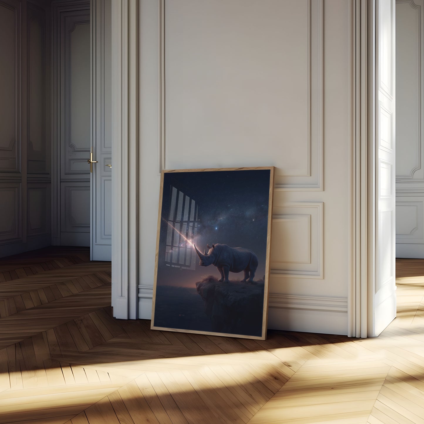 Póster del cielo nocturno del rinoceronte cósmico