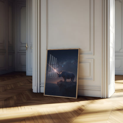 Póster del cielo nocturno del rinoceronte cósmico