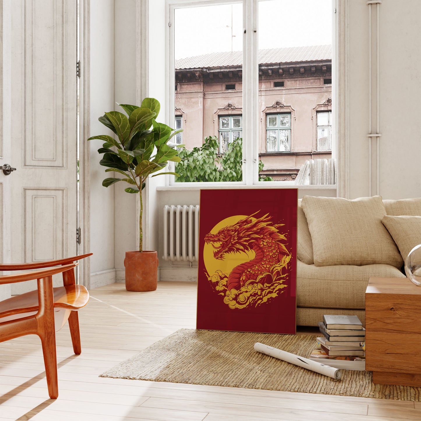 Póster del atardecer con fuego de dragón feroz