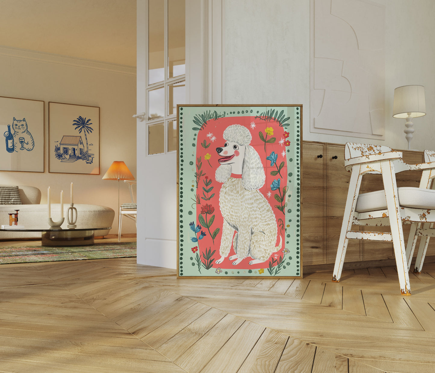 Cheerful Poodle Floral Poster