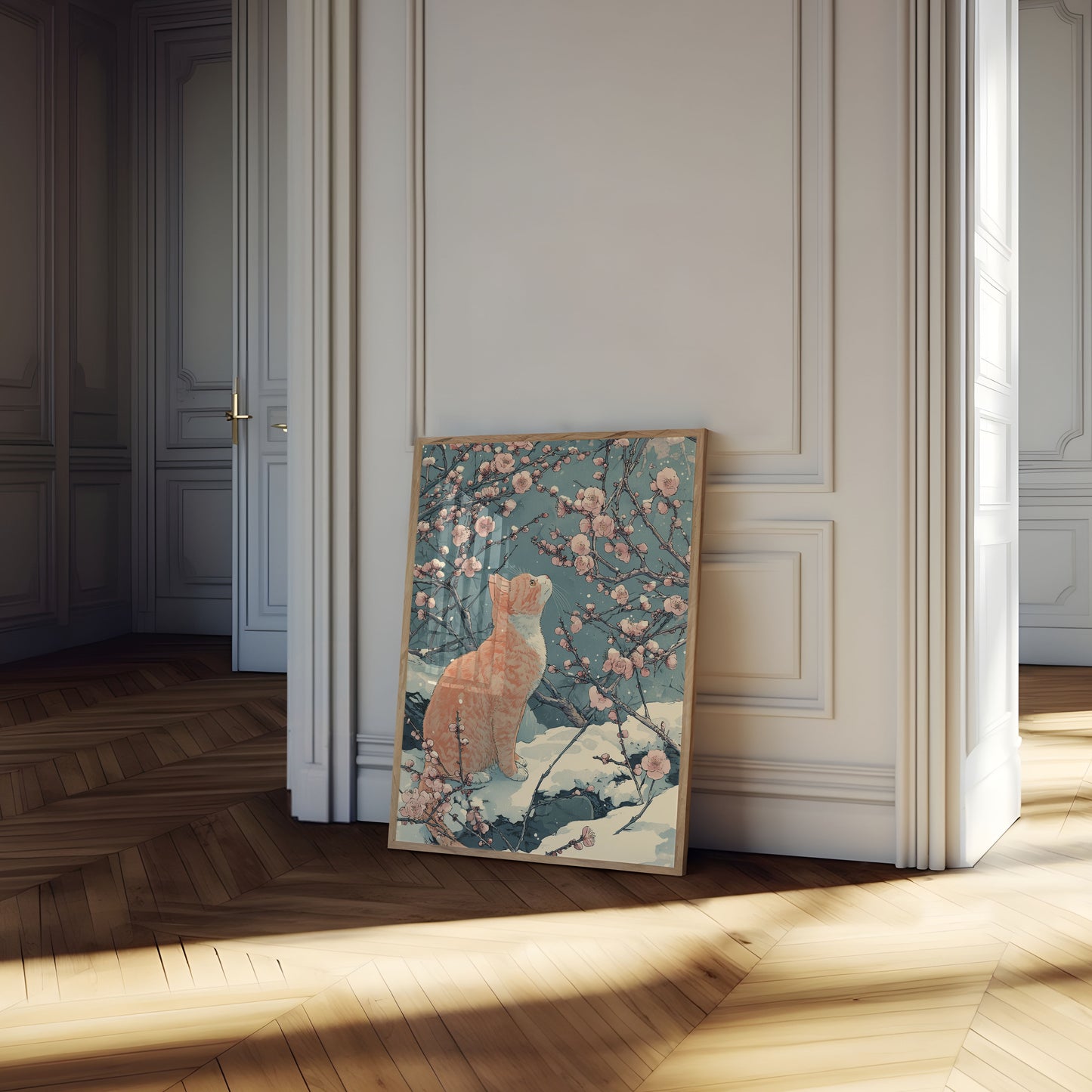 Poster del Gatto Rosso Tra i Fiori di Ciliegio