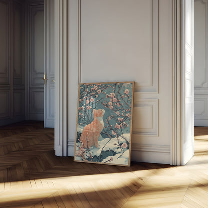 Poster del Gatto Rosso Tra i Fiori di Ciliegio