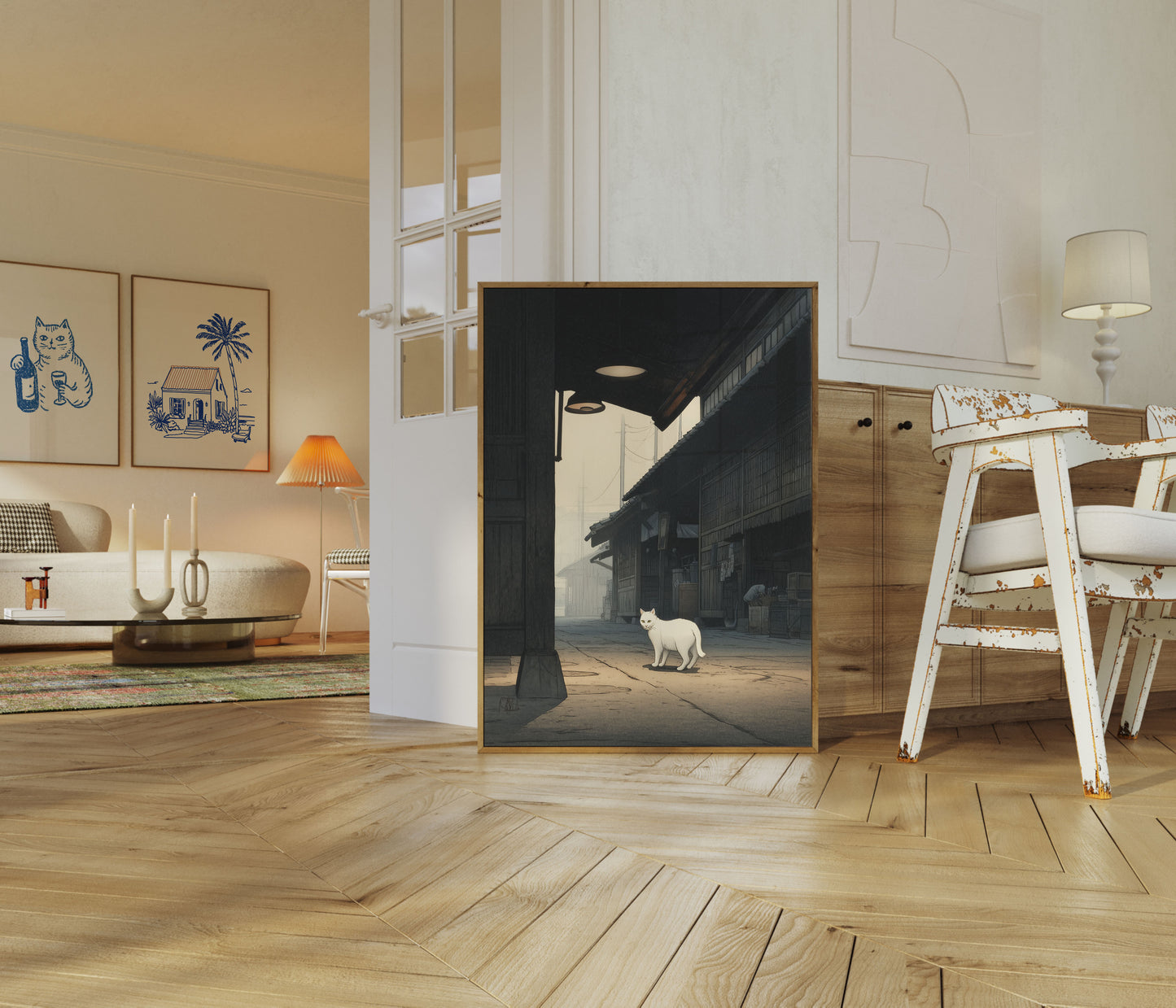 Póster de Gato Blanco en Callejón Japonés