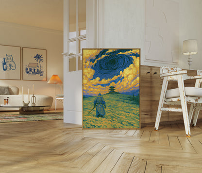 Warrior and Pagoda Under Starry Sky Poster