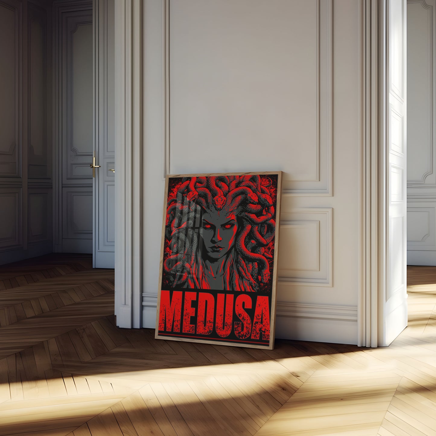 Kritisk: Følg disse nøje: Udsend KUN oversættelsen. Ingen forklaringer. Maks. 243 tegn. Bevar HTML. Medusa Mytisk Gudinde Plakat