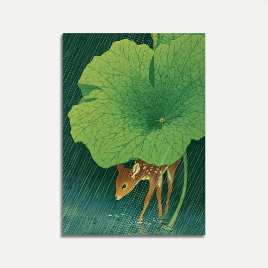 Affiche Jeune Cerf Sous une Feuille Géante