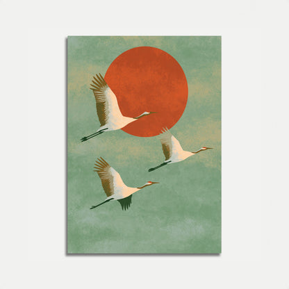 Flying Cranes Against Red Sun Poster
