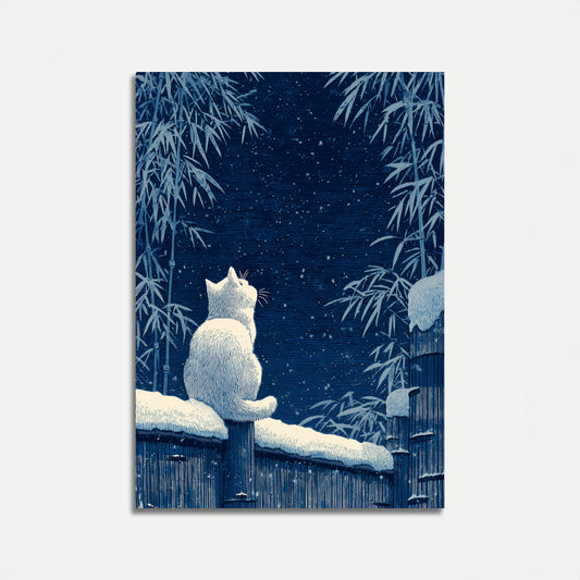 Winter Katze blickt auf Schneeflocken Plakat