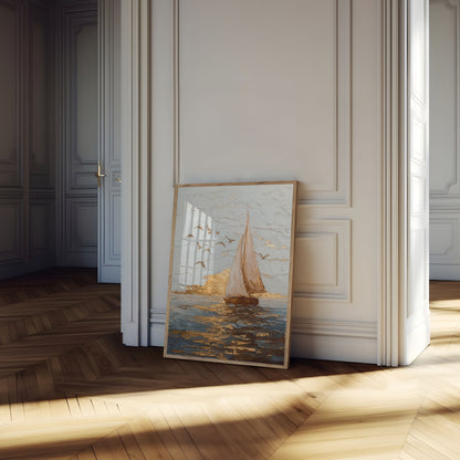 Golden Sailboat at Sunset Poster
