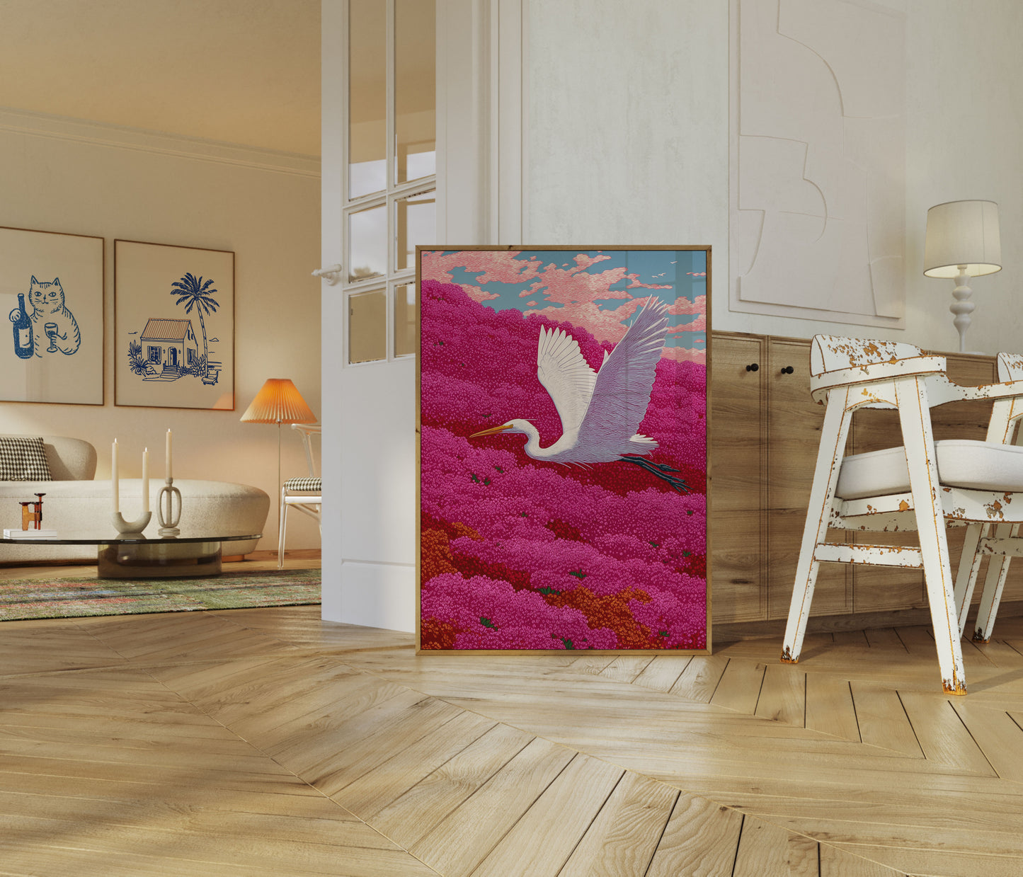 White Heron in Flower Field Poster