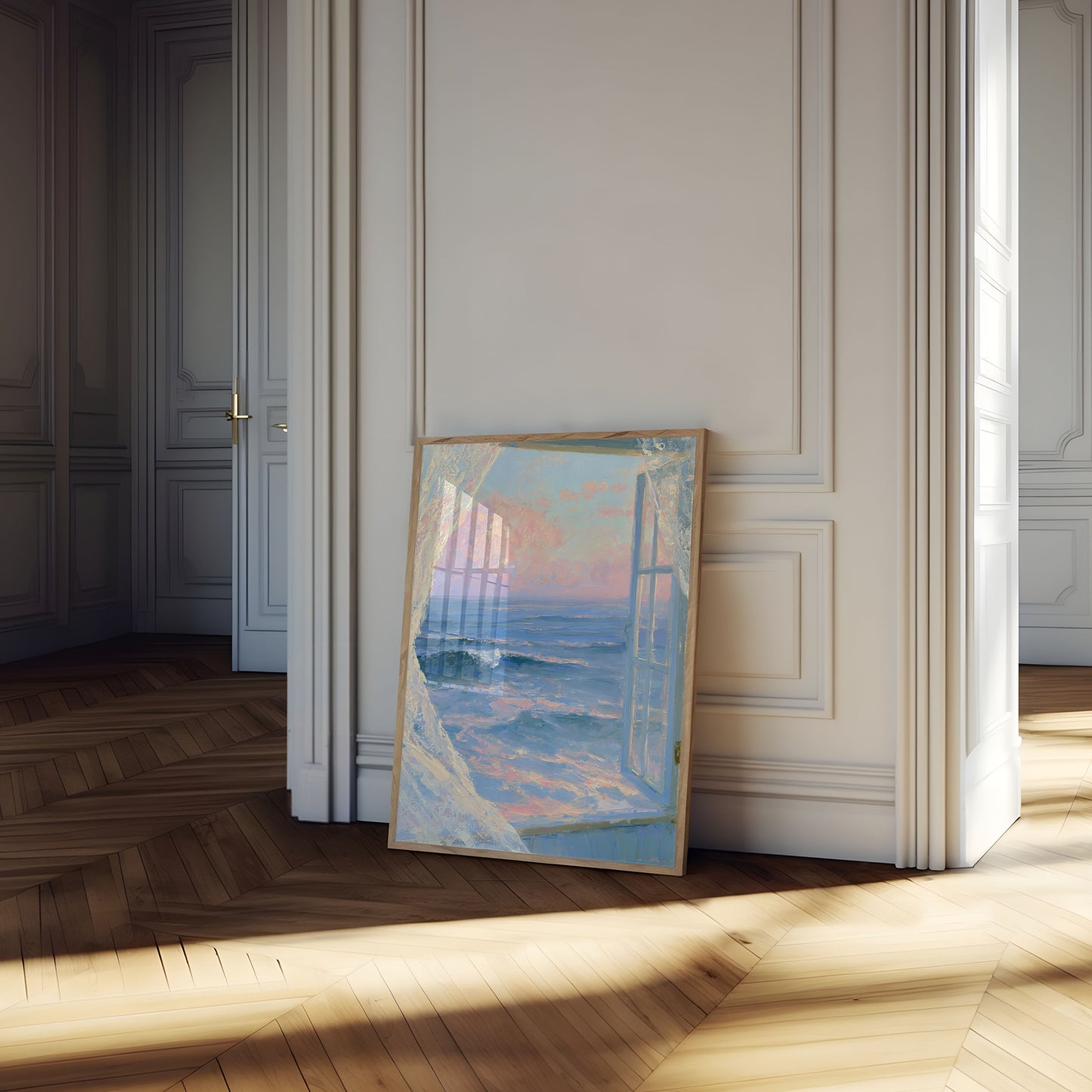Åbent vindue hav solnedgang plakat