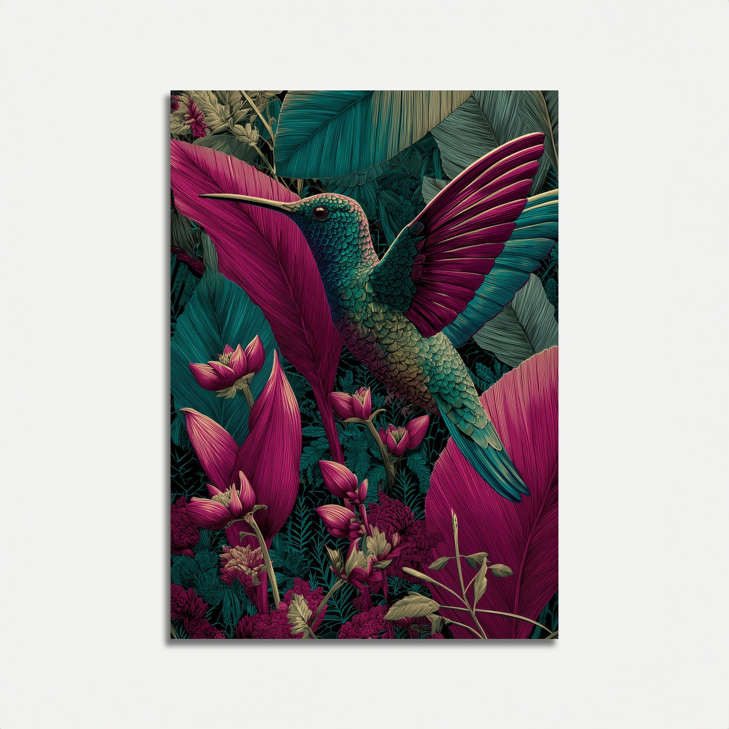 Kolibri blandt tropiske blomster plakat