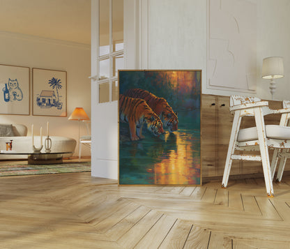 Tigers Drinking at Sunset Poster