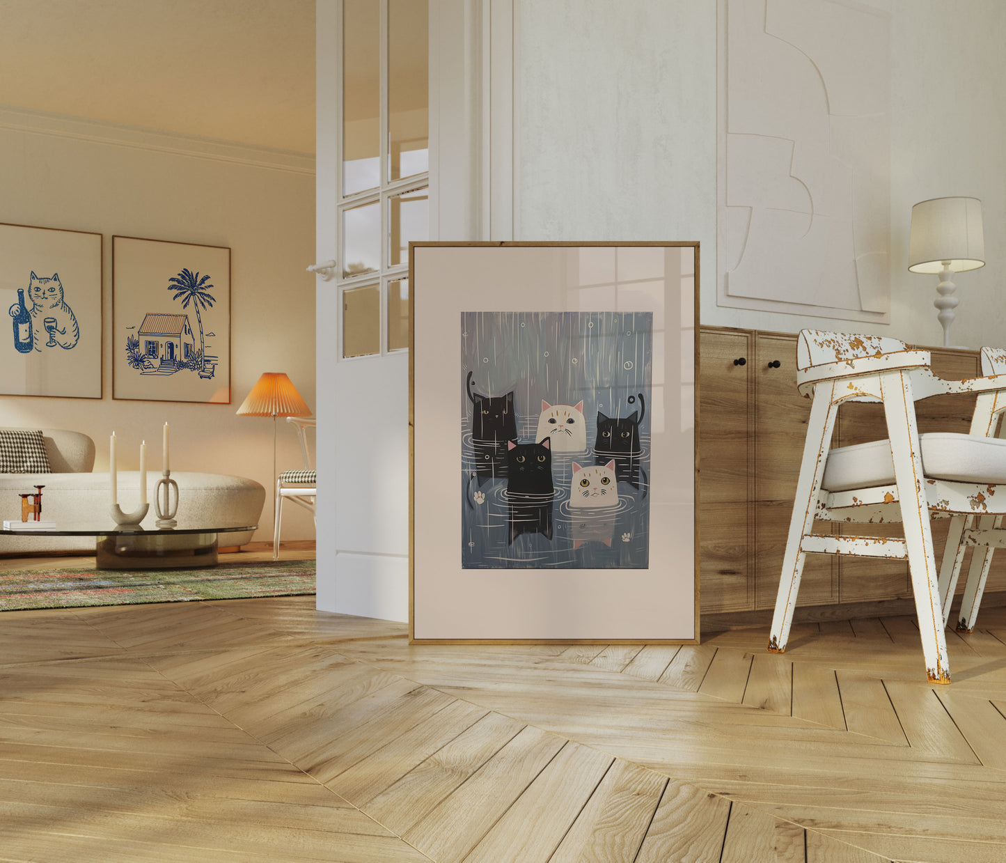 Rainy Cats in Puddles Poster