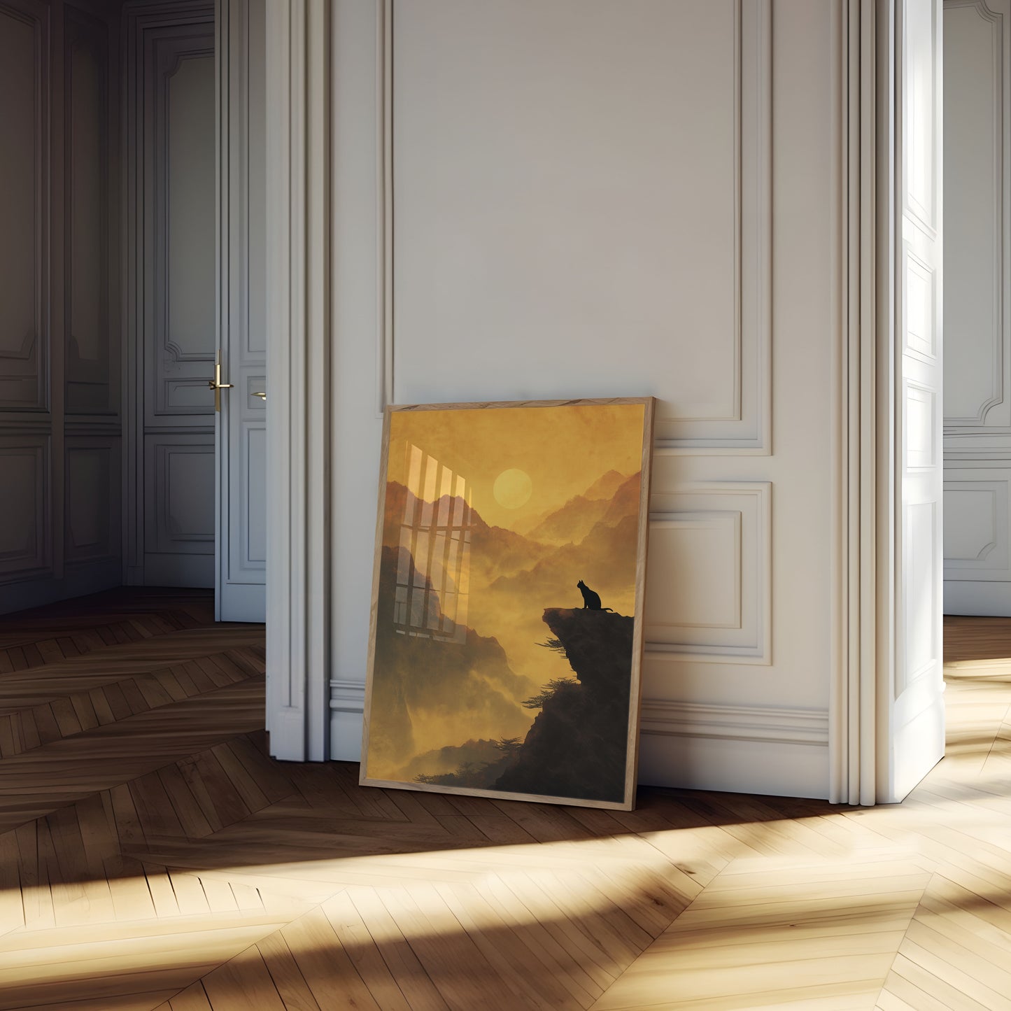 Pôster Silhueta de Gato de Montanha ao Pôr do Sol