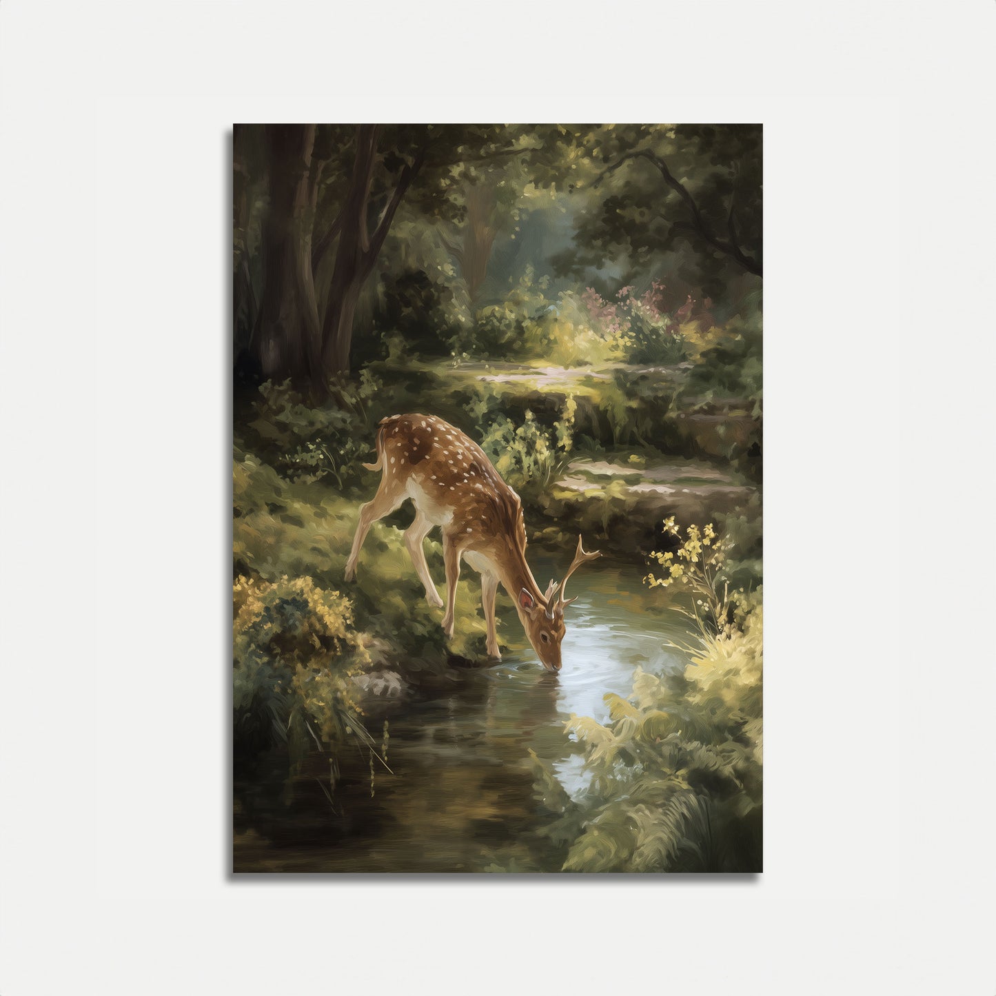 Hert Drinkend bij Bosbeek Poster