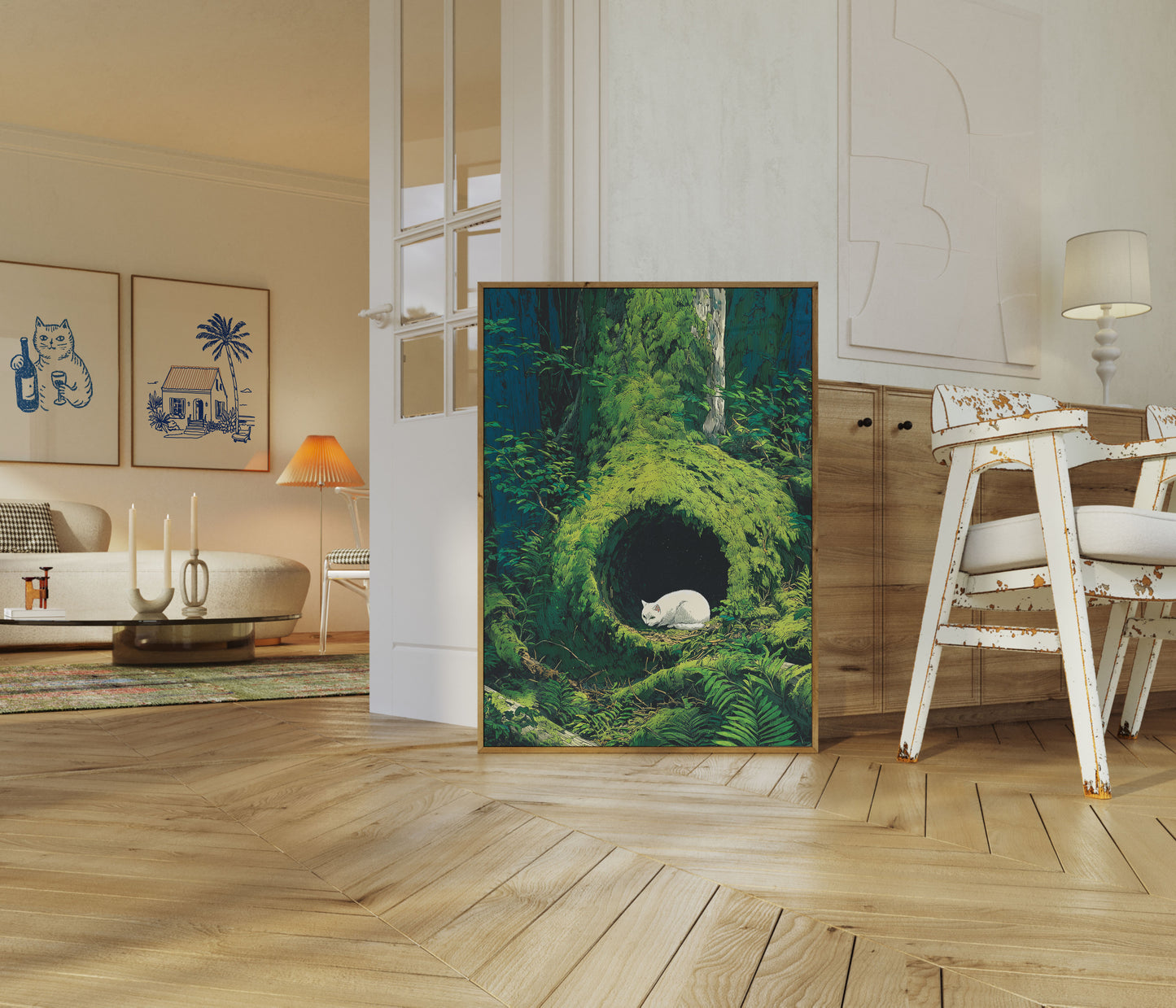 Hvid Kat i Mosset Hule Plakat