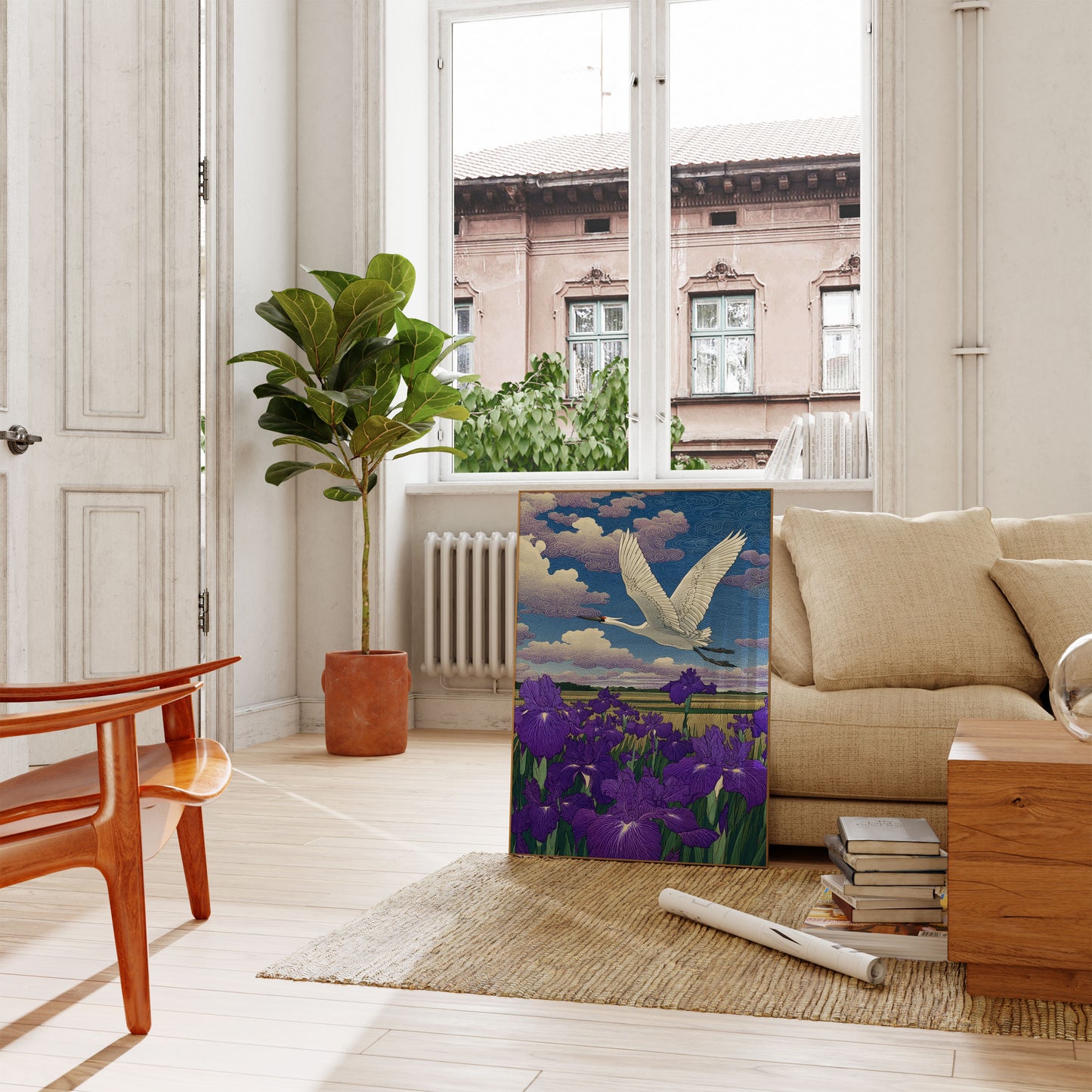 Affiche Grue au-dessus d'un champ d'iris violets