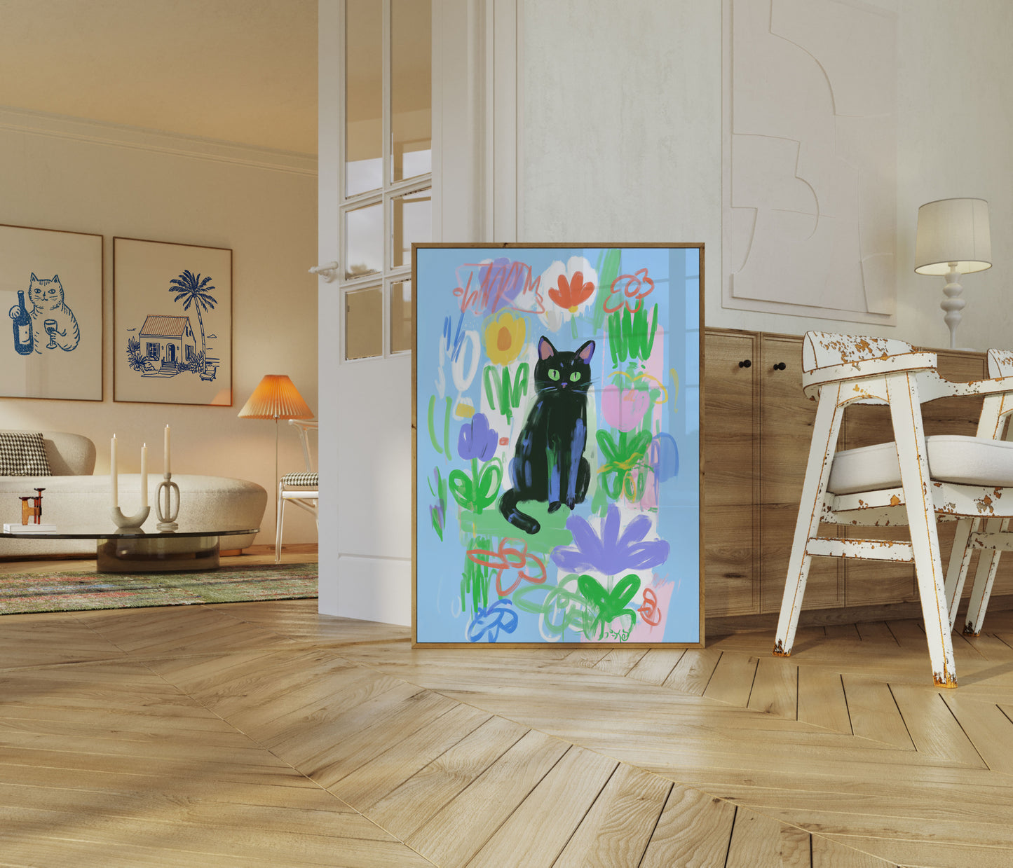 Black Cat in Flower Garden Poster